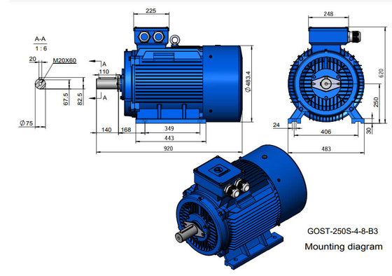 IC0141 Moteur à cage d'écureuil avec diamètre d'arbre de 75 mm pour fonctionnement continu S1